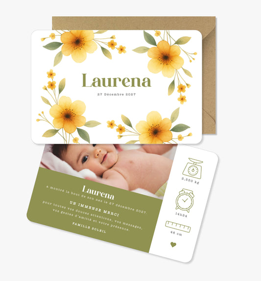 Faire-part de naissance – fleurs orange jaune vert aquarelle