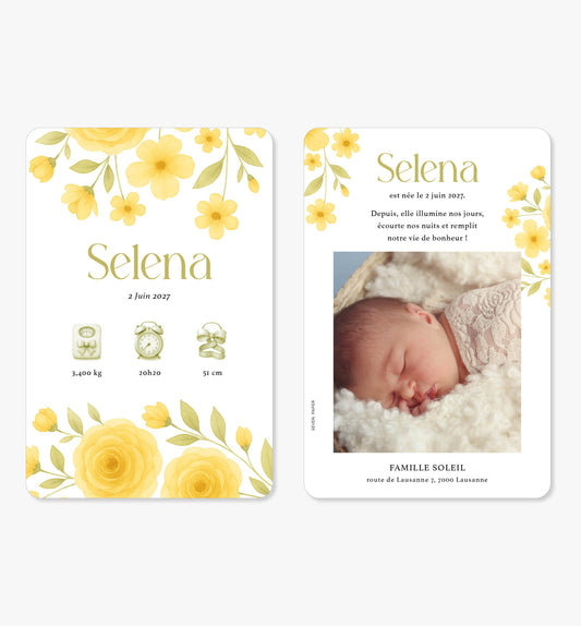 Faire-part de naissance – fleurs jaune vert jardin aquarelle