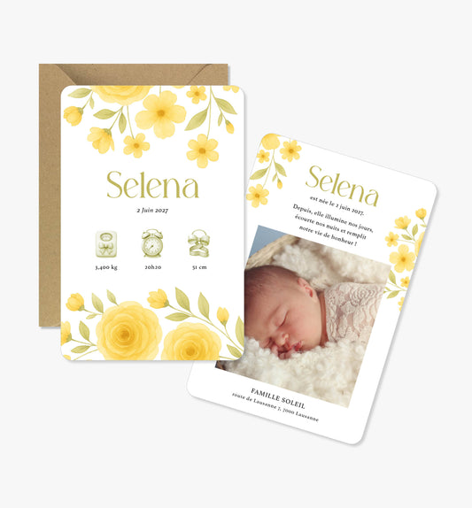 Faire-part de naissance – fleurs jaune vert jardin aquarelle