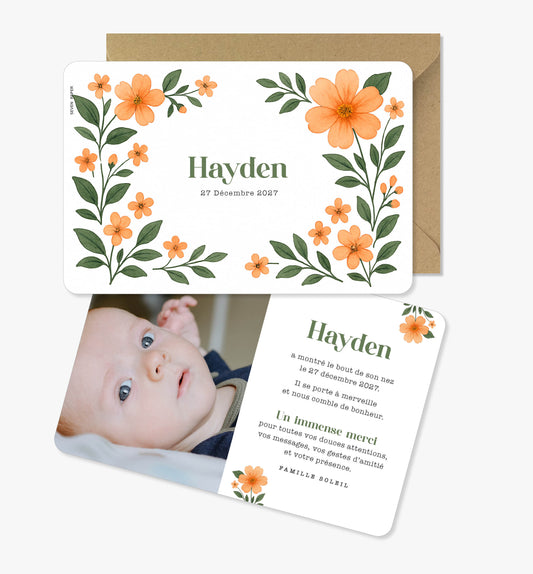 Faire-part de naissance – fleurs orange vert aquarelle