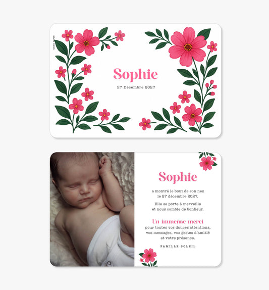 Faire-part de naissance – fleurs rose fuschia vert