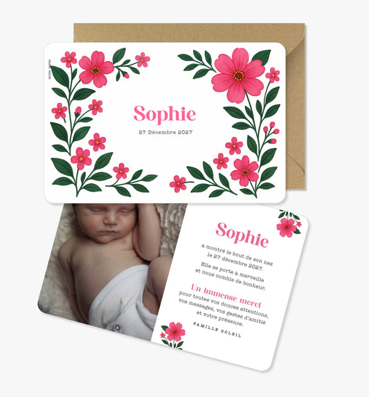 Faire-part de naissance – fleurs rose fuschia vert