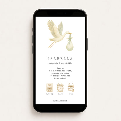 Faire-part de naissance numérique virtuel cigogne illustration