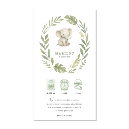 Faire-part de naissance numérique virtuel éléphant jungle safari vert