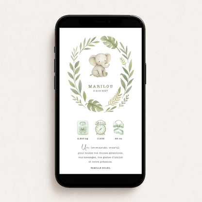 Faire-part de naissance numérique virtuel éléphant jungle safari vert