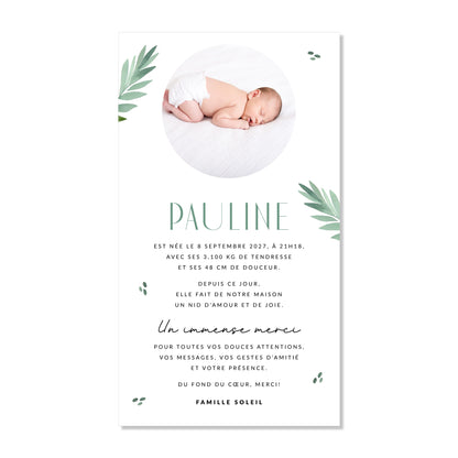 Faire-part de naissance numérique virtuel branche feuilles vert