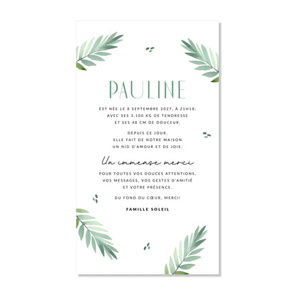 Faire-part de naissance numérique virtuel branche feuilles vert
