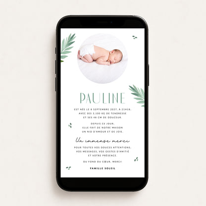 Faire-part de naissance numérique virtuel branche feuilles vert