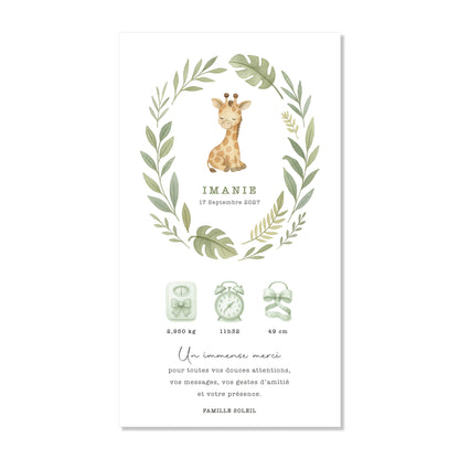 Faire-part de naissance numérique virtuel girafe jungle safari vert