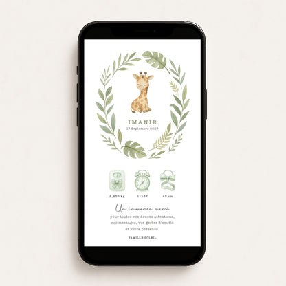 Faire-part de naissance numérique virtuel girafe jungle safari vert