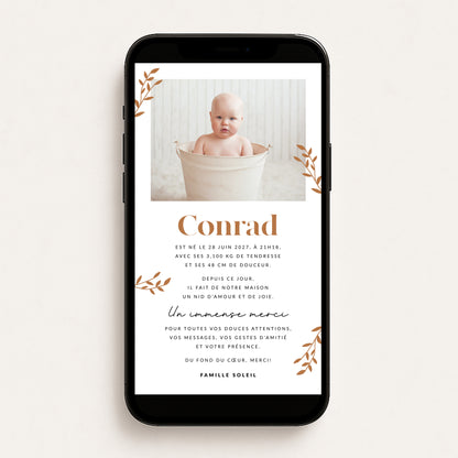 Faire-part de naissance numérique virtuel minimaliste couleur à choix