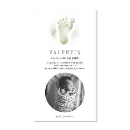 Faire-part de naissance numérique virtuel pied bébé aquarelle vert