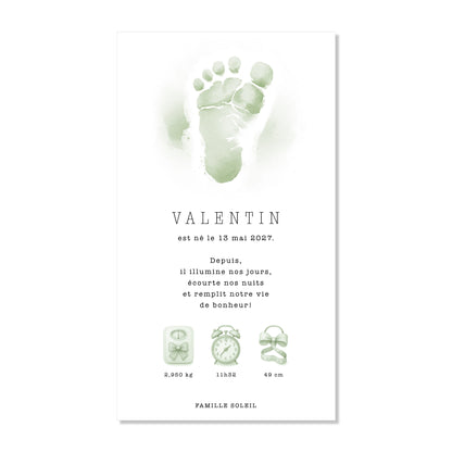 Faire-part de naissance numérique virtuel pied bébé aquarelle vert