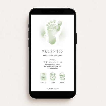 Faire-part de naissance numérique virtuel pied bébé aquarelle vert