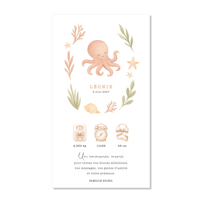 Faire-part de naissance numérique virtuel poulpe océan mer rose vert