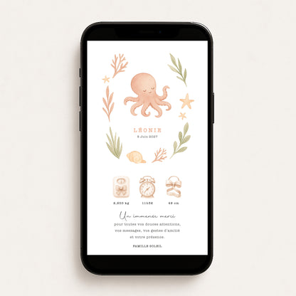 Faire-part de naissance numérique virtuel poulpe océan mer rose vert
