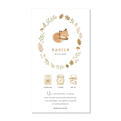 Faire-part de naissance numérique virtuel renard forêt couronne automne