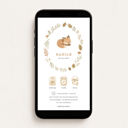 Faire-part de naissance numérique virtuel renard forêt couronne automne