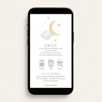 Faire-part de naissance numérique virtuel nuage lune étoiles bleu jaune
