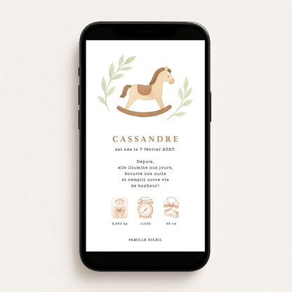 Faire-part de naissance numérique virtuel cheval à bascule feuilles vertes