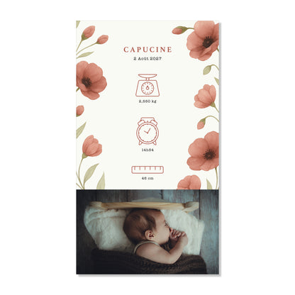 Faire-part de naissance numérique virtuel fleurs coquelicots rouge illustration