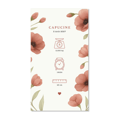 Faire-part de naissance numérique virtuel fleurs coquelicots rouge illustration