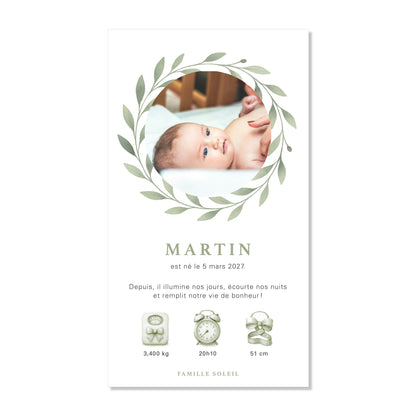 Faire-part de naissance numérique virtuel feuilles couronne vert aquarelle