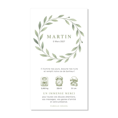 Faire-part de naissance numérique virtuel feuilles couronne vert aquarelle