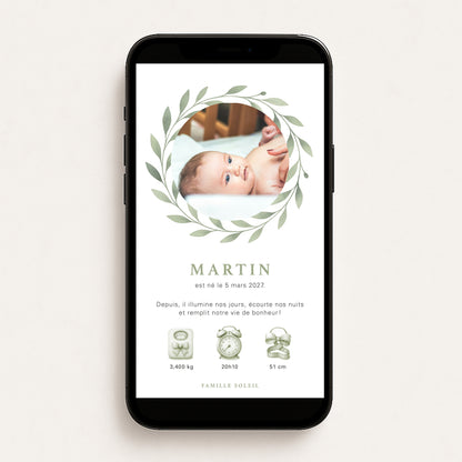 Faire-part de naissance numérique virtuel feuilles couronne vert aquarelle