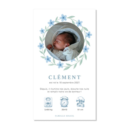 Faire-part de naissance numérique virtuel fleurs couronne bleu vert aquarelle