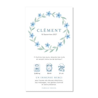 Faire-part de naissance numérique virtuel fleurs couronne bleu vert aquarelle