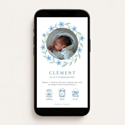 Faire-part de naissance numérique virtuel fleurs couronne bleu vert aquarelle