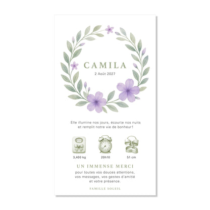 Faire-part de naissance numérique virtuel fleurs couronne lilas vert aquarelle
