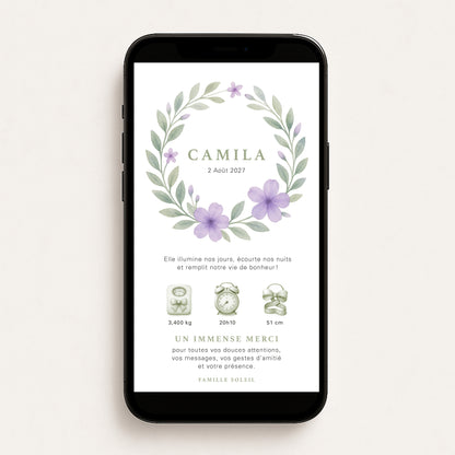Faire-part de naissance numérique virtuel fleurs couronne lilas vert aquarelle