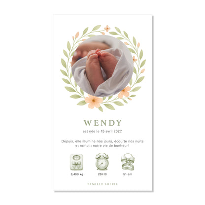 Faire-part de naissance numérique virtuel fleurs couronne rose saumon vert aquarelle