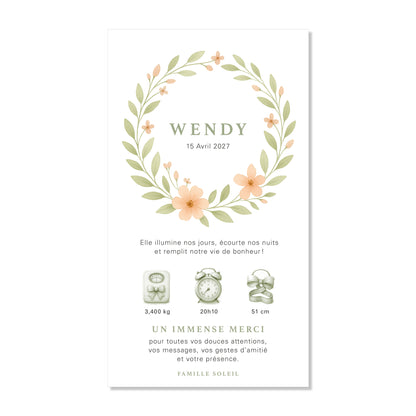 Faire-part de naissance numérique virtuel fleurs couronne rose saumon vert aquarelle