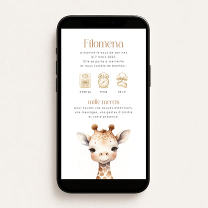 Faire-part de naissance numérique virtuel minimaliste girafe