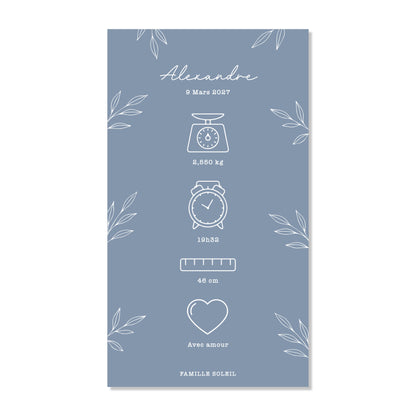Faire-part de naissance numérique virtuel minimaliste feuilles bleu