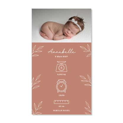 Faire-part de naissance numérique virtuel minimaliste feuilles terra cotta