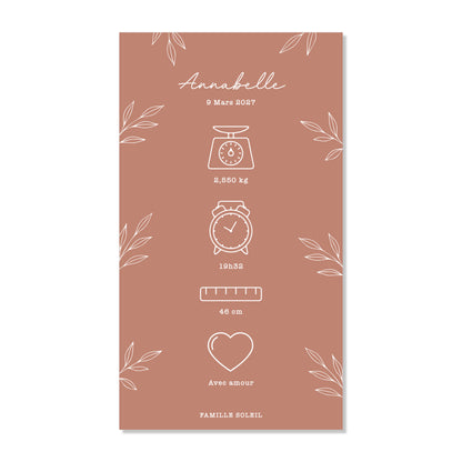 Faire-part de naissance numérique virtuel minimaliste feuilles terra cotta