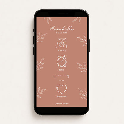 Faire-part de naissance numérique virtuel minimaliste feuilles terra cotta