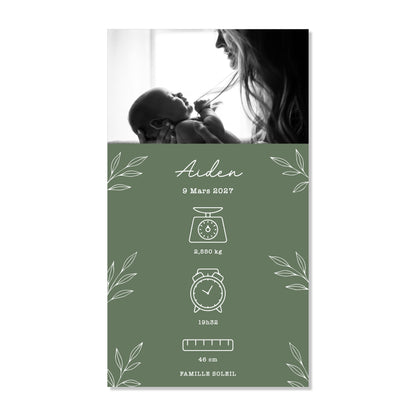 Faire-part de naissance numérique virtuel minimaliste feuilles vert sapin