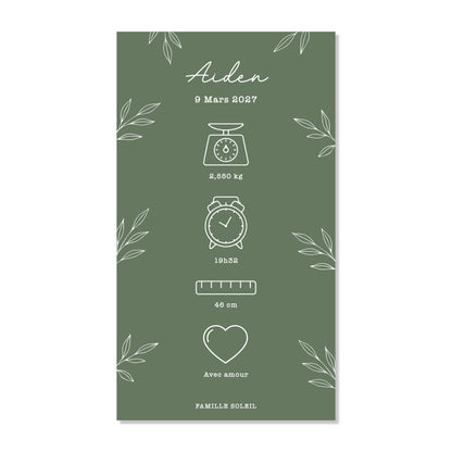 Faire-part de naissance numérique virtuel minimaliste feuilles vert sapin