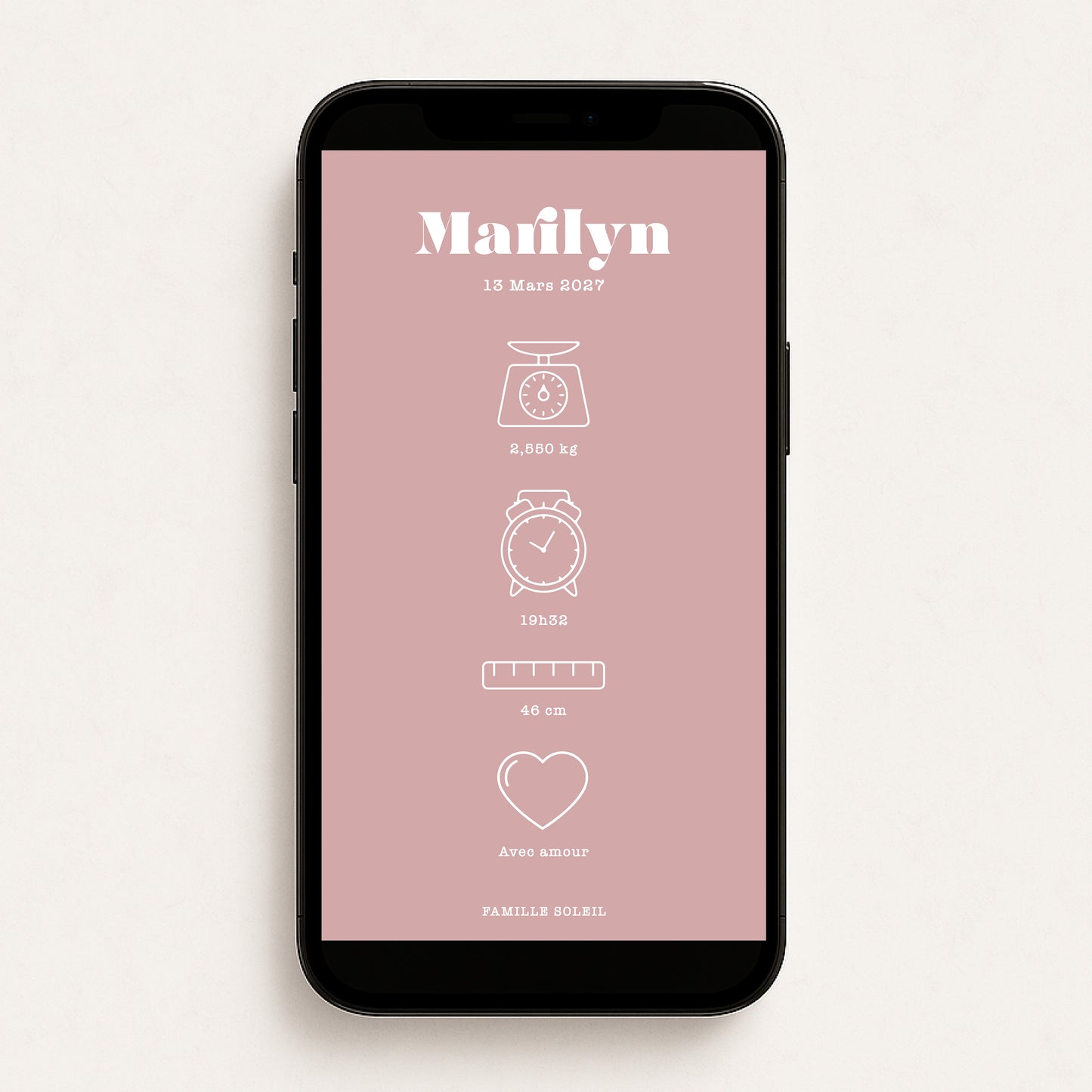 Faire-part de naissance numérique virtuel minimaliste rose