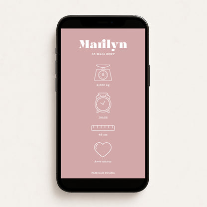 Faire-part de naissance numérique virtuel minimaliste rose