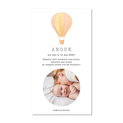 Faire-part de naissance numérique virtuel montgolfière rose jaune