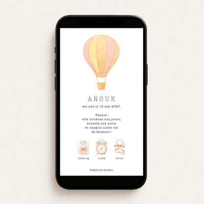 Faire-part de naissance numérique virtuel montgolfière rose jaune