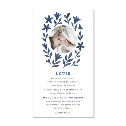 Faire-part de naissance numérique virtuel fleurs bleu aquarelle