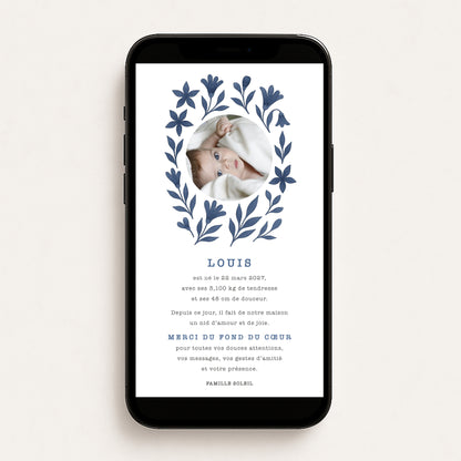 Faire-part de naissance numérique virtuel fleurs bleu aquarelle