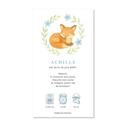 Faire-part de naissance numérique virtuel renard fleurs bleu